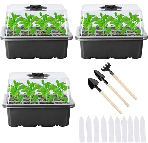 Lot de 3 mini serres d'intérieur - 36 cellules - Mini serre - Bols de culture - Plateaux de démarrage - Avec couvercle et ventilation pour semis