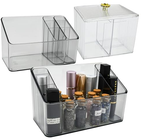 HEKOBAG 2 Stk Kosmetik Aufbewahrungsbox Kunststoff Make Up Organizer Klein Bad Kosmetik Aufbewahrung mit 2 Trennwänden Schminktisch Aufbewahrungsboxen mit Wattestäbchen Behälter für Pinsel Eyeliners