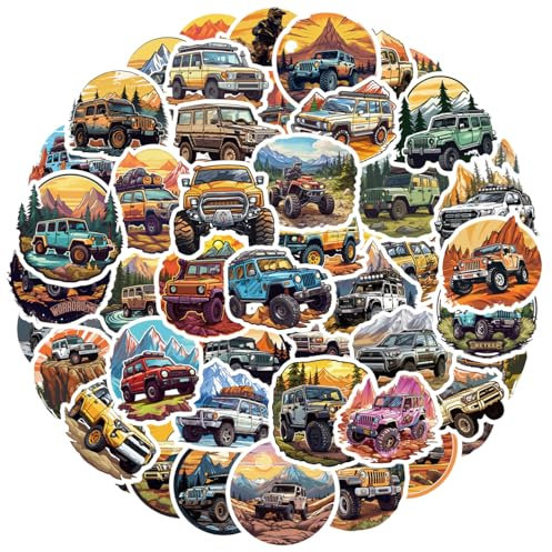 Hibarby 50 Stück Geländewagen SUV Jeep Sticker Set, Graffiti Wasserdichte Vinyl Aufkleber für Laptop, Wasserflasche, Reisekoffer, Gepäck, Gitarre, Helm, Handyhülle, Kühlschränk, Tagebuch, Scrapbook