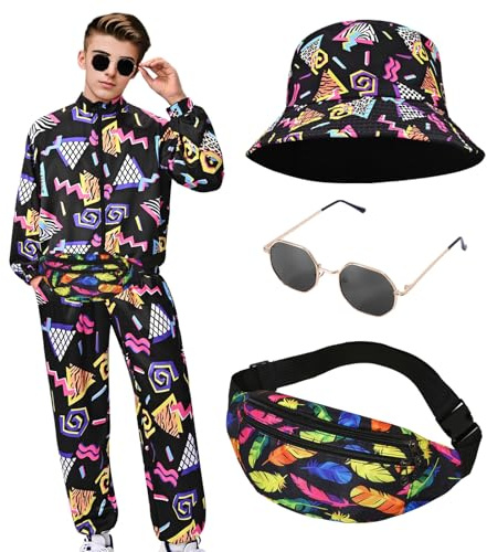 Costume des années 80 et 90 pour homme - Survêtement rétro avec lunettes - Chapeau de pêche - Vêtements disco tendance pour fête à thème, Noir , M
