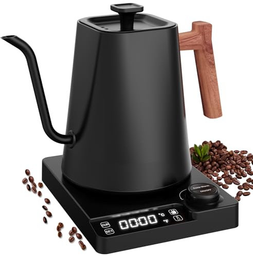 Vmotal Bollitore elettrico in acciaio inox, a collo di cigno, funzione di calore 24 ore, bollitore elettrico da 1200 W con indicatore di temperatura, bollitore da caffè da 1 l