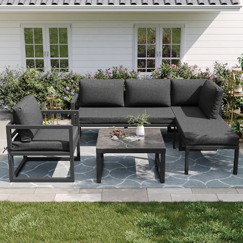 Idemon Set di mobili da giardino, divano ad angolo con struttura in ferro zincato, gambe regolabili, con tutti i cuscini per seduta e schienale, colore: grigio