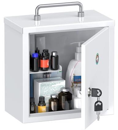 Uniclife Gabinete Médico de Pared con Llave y Manija, Gabinete de Primeros Auxilios Bloqueable, Organizador de Medicinas Ligero, Armario de Metal Seguro, Caja de Almacenamiento Blanca