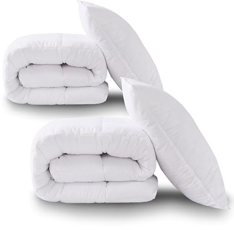 HIG Bettdecke 135x200cm 2er Set mit Kissen–2 Ganzjahresdecke mit 250GSM Mikrofaserfüllung, 2 Kopfkissen 80x80cm, Oeko-Tex Zertifiziert, Kuschelweich Waschbar für Schlafzimmer Gästezimmer Ferienwohnung