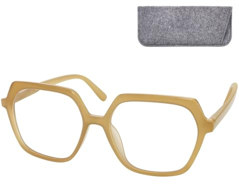 Stilfulla moderna läsglasögon dam sexkantig med stora reptåliga linser, fodral, lätt plastbåge (beige), modern läshjälp för dam +2.0 dioptrier