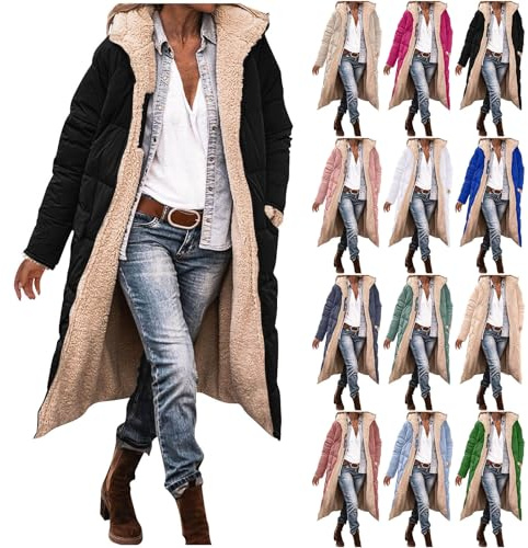 womens winter coats Fleece Jacket Women Long-Lenght Velvet Lined Winter Warm Trench Coats Waterproof Fur Hood Outdoor with Pockets Black M