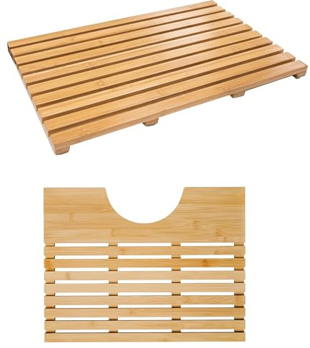Bargain House Bamboo Bathroom Mat Collection, Wooden Bath Mat, U-Shaped Toilet Mat & Combo Set, Anti-Slip, Water-Resistant Duckboards for Indoor & Outdoor Use (Shower Mat & Toilet mat)