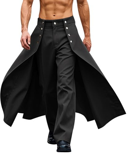 Men's Fashion Patchwork Cape Dress Pants High Waisted Straight Leg Trousers Streetwear Trendy Suits Pants with Pocket Black