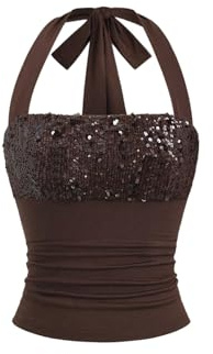 Verdusa Women's Sequin Sparkly Crop Tops Tie Backless Halter Top Rave Outfits Coffee Brown Medium