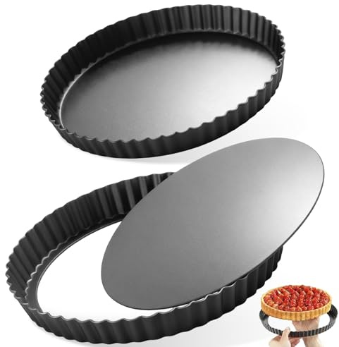 2Pcs Molde Tarta Desmontable, Moldes Quiche Tarte Antiadherentes Elevadora 28cm & 22cm con Base Suelta, Sartén Plato Tartaletas Bordes Ondulados Redondo para Hornear Quiches, Pasteles, Flanes, Queso