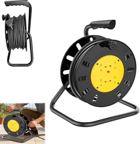 Kabeltrommel Verlängerungskabel 50m, Outdoor Steckdose mit 4 Steckdosen, Automatik Kabeltrommel Verlängerung, Werkstatt Kabelaufroller, Thermoschalter und Kabelhalter, Verlängerungskabel außen