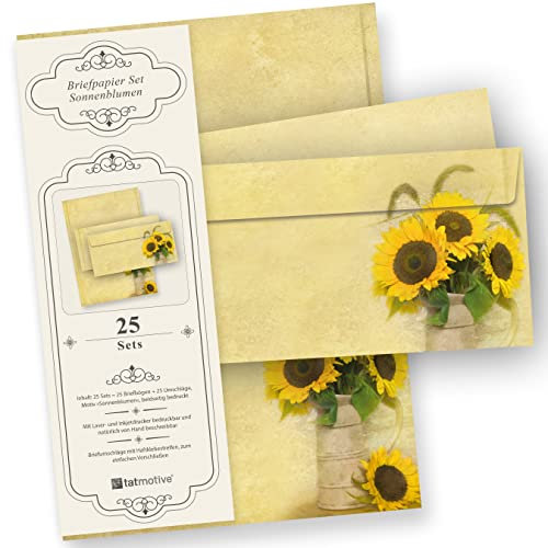Tatmotive Schönes Briefpapier Set Sonnenblumen, 25 Sets, Hochwertiges Motivpapier mit Umschlägen, Vintage, Braun