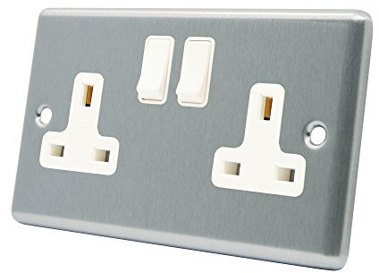 AET CSC2GSOCWH 13 A 2-Gang Satin Finish Chrome Classical Double Plug Socket with White Insert Plastic Rocker Switch