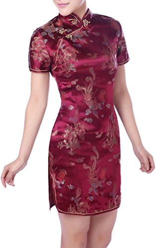 UK Seller Burgundy Dragon & Phoenix Chinese Short Mini Evening Party Dress Cheongsam Qipao Despatch Same Working Day (UK 16)