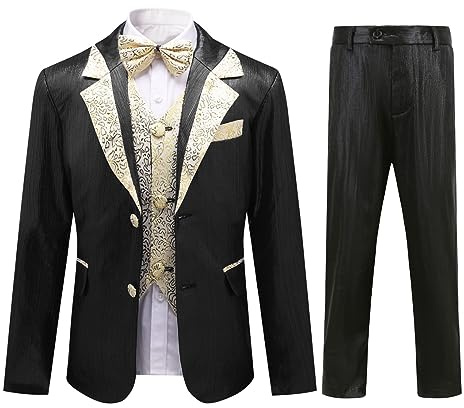 SWOTGdoby Boys Slim Fit Suits 4 Pieces Blazer Vest Pants Bowtie Jacket with Gold Rims for Wedding Party Prom