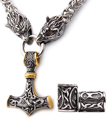 Gungneer Viking Mjolnir Thor Hammer Necklace Pendant With Wolf Byzantine King Chain Mixed Gold Stainless Steel Norse Viking Jewelry Men