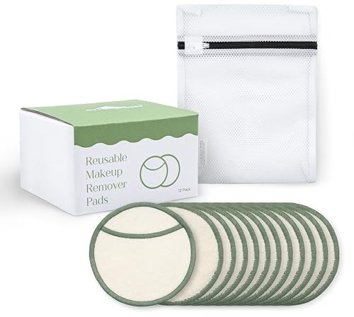 myHomeBody Reusable Makeup Remover Pads, Washable Ultra-Soft Facial Pads, Reusable Facial Cleansing Rounds - 12 Pack with Laundry Bag