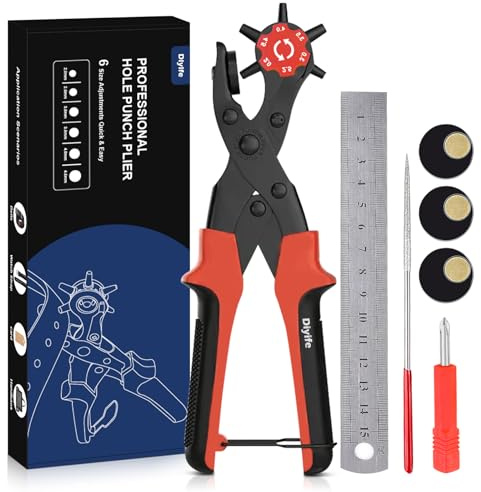 Diyife Belt Hole Puncher for Leather, 6 Sizes, Effortless Dual-Lever Design | 2 Extra Plates, Ruler, Heavy Duty Leather Hole Punch for Belts, Watches, Shoes, Fabric, PVC, Gifts for DIY Lovers, (Red)