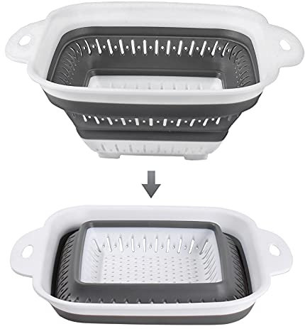 4UBonLife Scolapasta Pieghevole in Silicone, Filtro Cucina Pieghevole Colino per Pasta in Plastica， Colander da Cucina Salvaspazio, per Drenare Verdure Frutta (Bianco/Grigio, Formato M)