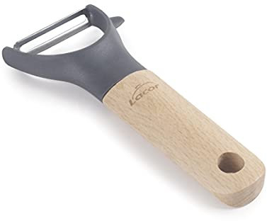 LACOR 68197 - Pelapatate, Frutta e Verdura, Manico in Legno di faggio, Lama Liscia in Acciaio Inox, Testa in Polipropilene e Fibra di Vetro, Senza BPA, 14 cm, Grigio