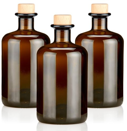 3x Apothekerflaschen braun 500ml leer Holzkorken natur, elegante Braunglas Flaschen schwarz antik für Öl, Gin, Kräuter Schnaps od. als Geschenk 0,5L Glasflaschen