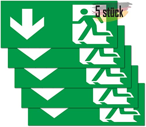 Notausgangsschild 5 stück Premium Aufkleber- 24 cm x 9 cm Flucchtwegschild - Schild Notausgang Aufkleber- für Infoschild, Rettungsweg, Fluchtweg, Notausgang, Sicherheitsmarkierung (Pfeil ↓)