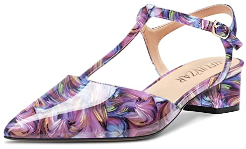 HEUIVZAR Donna T-strap a Punta Pumps Sandali Basso Blocco Chunky Tacco Heel Cinturino alla Caviglia Slingback Verniciata Dress Scarpe Multicolore 8 3.5 CM 39 EU