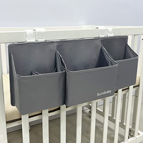 surebaby Hanging Baby Diaper Caddy, 3-in-1 Diaper Caddy Organizer Holder For Baby Crib, Nursery Organization Diaper Stacker Storage For Crib, Changing Table-Grey