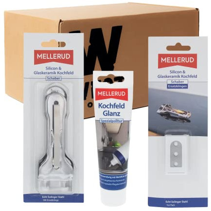 W West Boxx Set aus Silikon und Glaskeramik Kochfeldschaber, Schaber Ersatzklingen und Kochfeld Glanzpolitur, geeignet für Glaskeramik, Ceran, Kochfelder, Glas und Fliesen