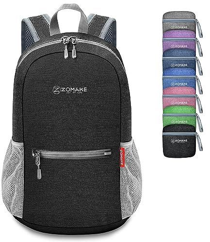 ZOMAKE Lightweight Foldable Backpack, Packable Rucksack Folding Small Back Pack 10L Foldaway Ultralight Daypack Collapsible for Women Men Travel Hiking Walking (Black)