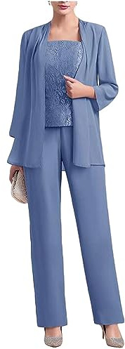 Traje de pantalón de 3 piezas de gasa para madre de la novia con corpiño de encaje, conjunto para invitados de boda, vestido de noche formal, azul, 44