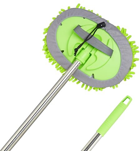 Relaxdays Auto Waschbürste mit Teleskopstiel, 2 in 1, Autobürste 160 cm, Mikrofaser, Kfz Reinigungsbürste, grün/Silber
