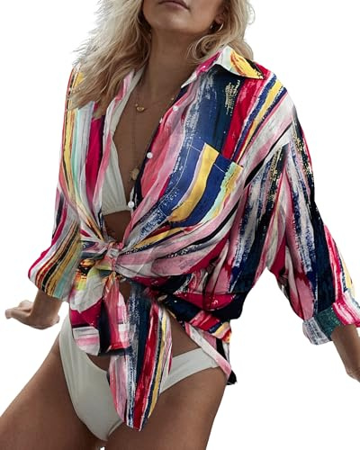 Bsubseach Womens Long Sleeve Button Down Beach Coverups Shirt Print