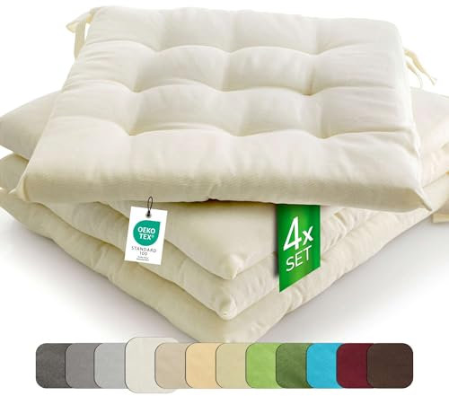 etérea 4er Set Sitzkissen Outdoor 40x40 mit Bändern - Stuhlkissen Creme für Gartenstuhl & Innenbereich - waschbare Sitzauflagen Gartenmöbel - 4 Stück Kissen 40x40 cm - Creme