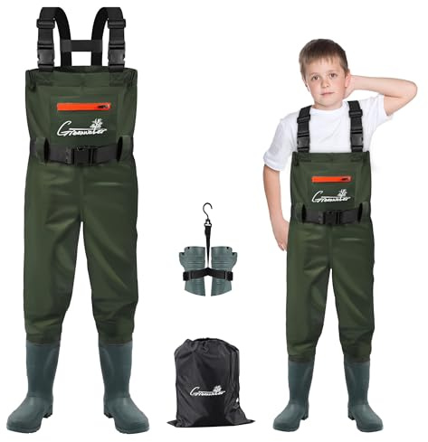 GREENWATER Kids Chest Waders Youth Fishing Waders with Boots Waterproof for Children Boys Girls Hanger & Bag Included (GREEN, 8-9Y)