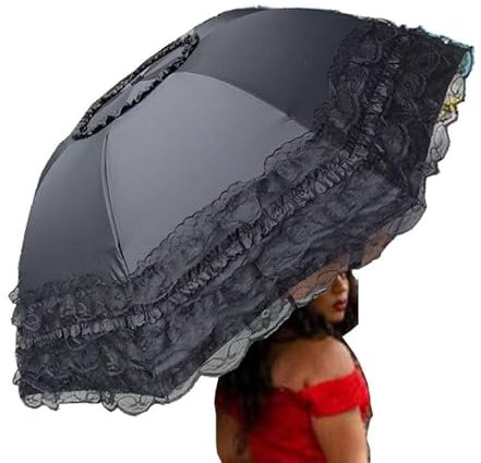 WENDIN Vintage Foldable Lace Parasol Gothic Umbrella - Rain and Anti-UV Protection Sunblock Dome Photo Props (Manual Black)