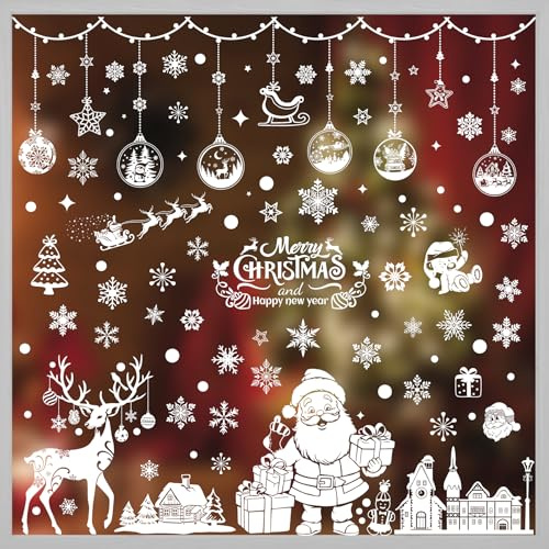 GOMANCHE 202Pcs Christmas Window Stickers, Reusable Double-Sided Printed Santa Claus Snowflake Window Clings, Self Adhesive Window Decal Decoration for Xmas Holiday Winter Party