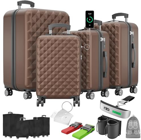 Onbest Premium Koffer Set 4 teilig – Rollkoffer mit TSA-Lock, USB-Anschluss– Plus 1x Kofferwaage, 2X Koffergurt, 4X Adresshänger, 1x Getränkehalter, 1x Schuhbeutel, 4X Staubschutzhüllen