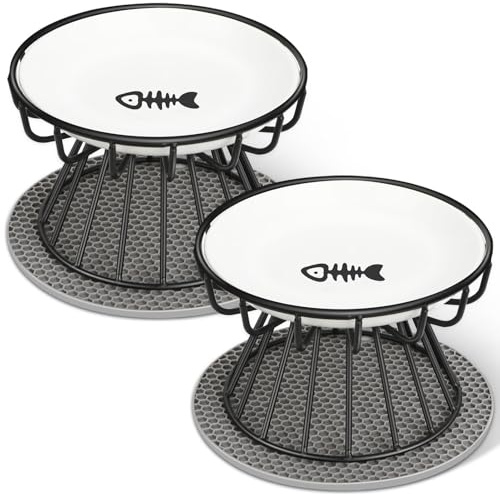 Mozvvco Set de 2 Comedero Gato Elevado, Cuencos para Gatos, Cerámica con Soporte y Alfombrilla Antideslizante, Cuenco Plano para Agua y Comida, Negro