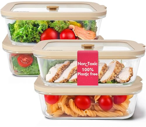 Non-Toxic 35 Oz (4.4 Cup) Glass Storage Containers with Lids – Plastic Free Meal Prep Containers for Lunch, Airtight Food Storage, Microwave and Freezer Safe, 4 Pack - Ziruma