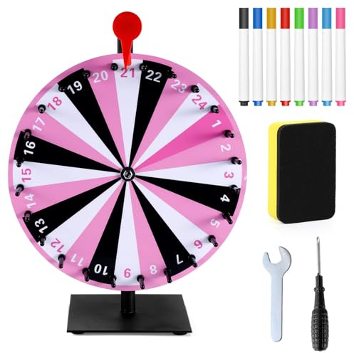 NQEUEPN Rueda de la Suerte Giratoria, 24 Rueda Giratoria Ranuras Base Duradera Ruedas Giratorias Rueda de Premio Ruleta de Mesa Rueda de Rifa para Juego de la Fortuna Juego de Fiesta (Rosa)