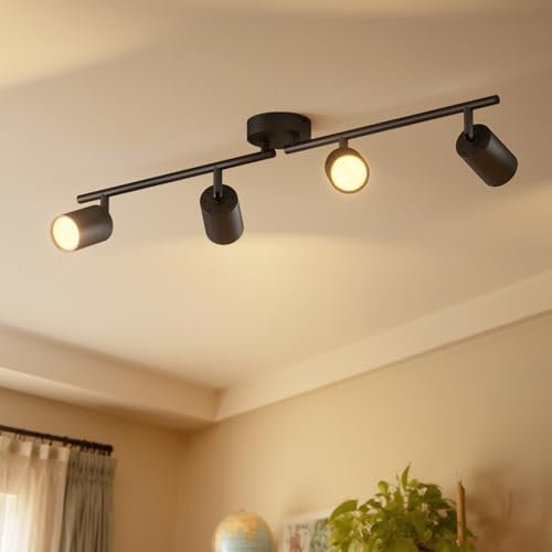 LVWIT Faretti LED da Soffitto Orientabili Nero,Faretto LED Interno con 4 Luci in Alluminio GU10, Rettangoli Base, Faretti da Soffitto Moderna Industriali per Barra, Salotto, Cucina (Senza Lampadina)