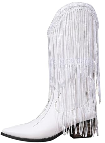 MJGkhiy Botas de mujer Texani Cowboy Western Camperos Botas con Flecos Botines Altos con Tacón de Bloqueo Zapatos Boots de Invierno Cálido Cuero Botín de Punta Marrones Negros, Color blanco., 40 EU