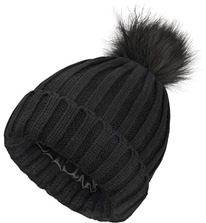 SGQTZDZQ Ladies Satin Lined Beanie, Thermal Silk Lined Beanie Hats for Women, Slouchy Knit Pom Pom Winter Hats for Women Girls (UK, Alpha, One Size, Black)