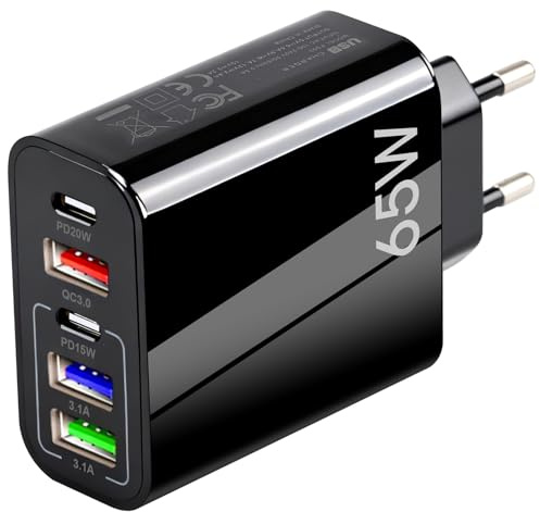 65W Cargador USB C, Múltiple USBC Carga Rápido Enchufe, 5 Puertos 2 Tipo C y 3 Tipo A Movil Charger Cabezal Dual QC 3.0 y PD Rápido Pared Adaptador para iPhone 17 16 15 14 13 12 11 Samsung