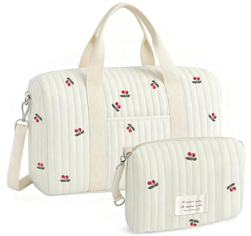 Shenkon Tech Grand Sac à Langer 2 Pièces en Coton Matelassé, Sac de Maternité Hôpital avec Broderie Cerise, Sac Poussette et Voyage, Style Coréen