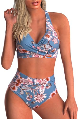 Adigaber Maillot de Bain Deux Pièces pour Femme Taille Haute Imprimé Bikini | Haut croisé，Rembourrages amovibles，Contrôle du ventre，Bretelles réglables，Respiran，Séchage rapide，Plage，Sexy，Effet push-up