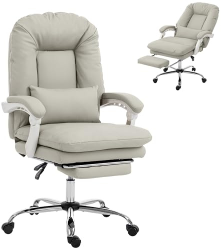 HOMCOM Ergonomic Executive Office Chair Recliner, Lumbar Support Khaki | PU Leather, Footrest, Wide Seat, Thick Cushion, High-Density Foam, Home Office