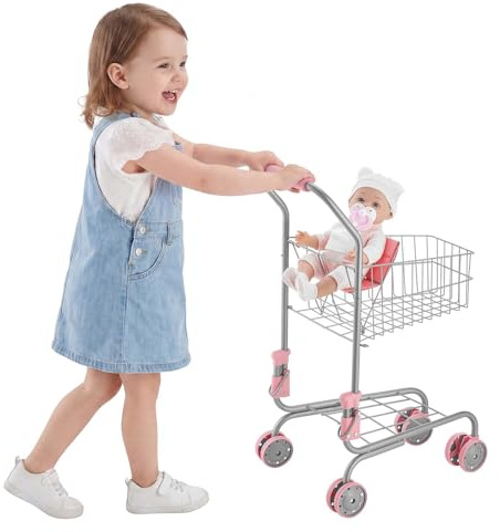 VEVOR Carrello della Spesa Giocattolo per Bambini dai 3 Anni, Carrello Supermercato Giocattolo, Telaio Robusto in Metallo, Sedile per Bambole, Ruote Scorrevoli, Cestino a Rete, Gioco di Ruolo Negozio