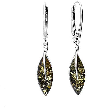 Boucles d'oreilles pendantes en ambre et argent 925/1000 Motif feuille Ambre verte Pour les amateurs de bijoux en ambre